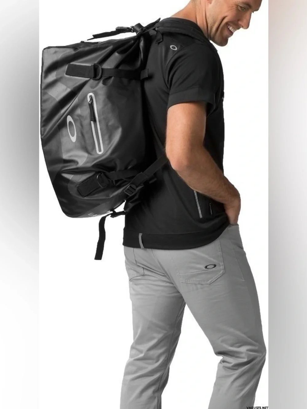 Oakley Motion 42 canvas bag in black features a waterproof roll-top design.